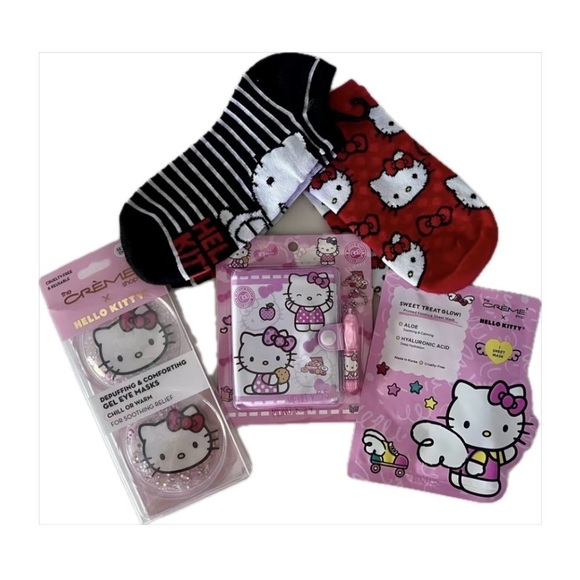 Sanrio Hello Kitty Accessories - HELLO KITTY 5 PC Bundle NWT 2 Pr Socks, Face Mask Crémé Eye De-Puffer & Notebook